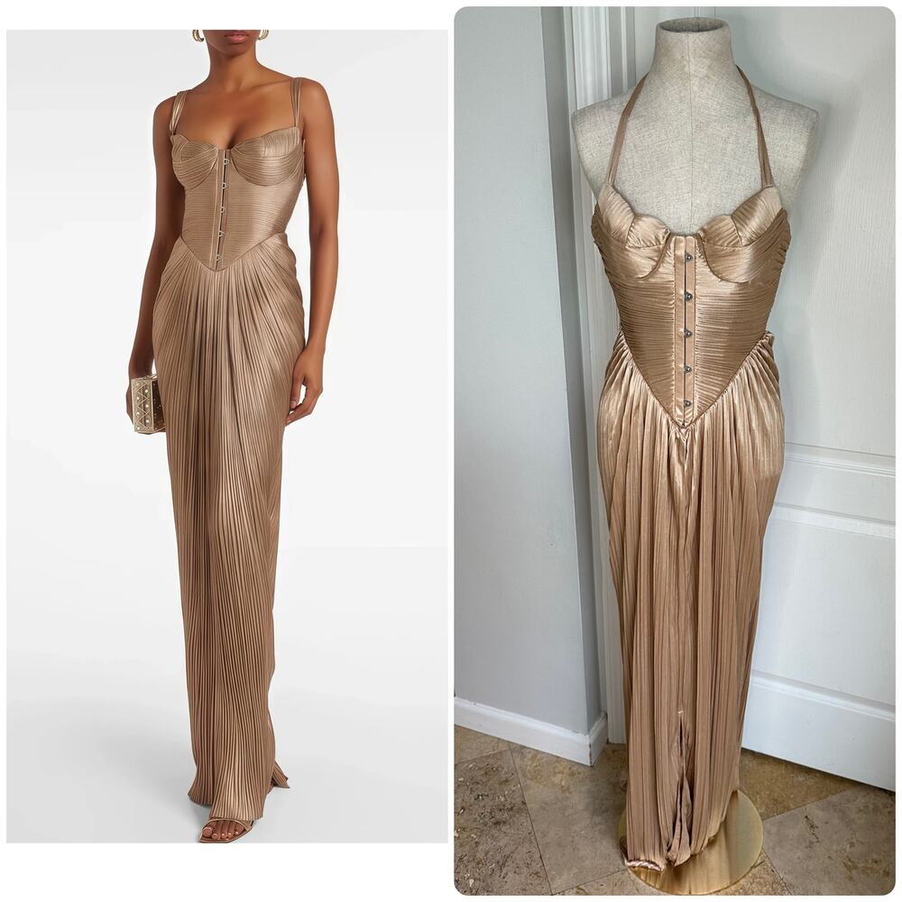 NWT Miss Rosier Nicoletta Gold Glossy Pleated Corset Maxi Dress Sz XS